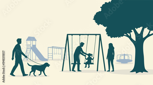 People and a dog enjoying a day at a park playground illustration