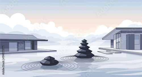 Zen garden with tiered stone structures, abstract buildings, and soft pastel sky