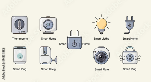 Collection of smart home devices including thermostat, plug, camera, lightbulb, and fan
