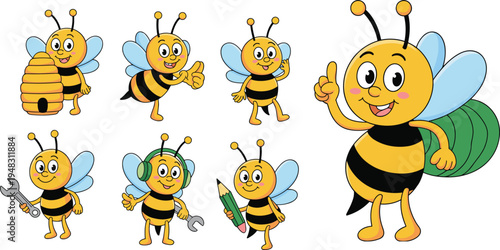 Collection of cute honey bee cartoon characters set, happy bumblebee mascots with tools, honey hive and pencil for educational and mascot branding.