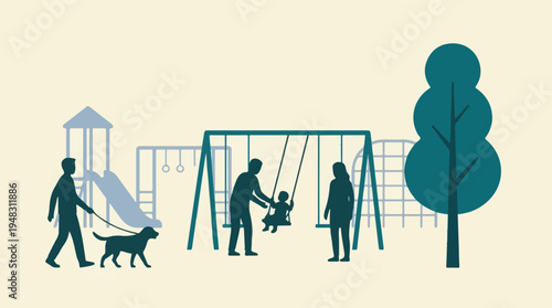 Family with dog enjoying leisure at park playground, minimalist illustration
