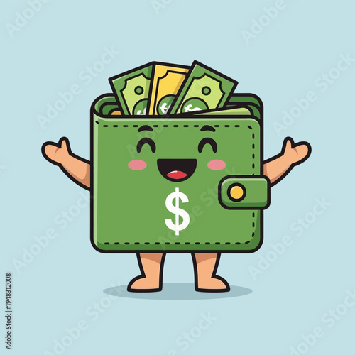 Happy green wallet character full of money with dollar sign.