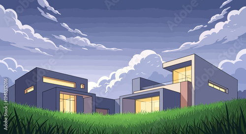 Modern, minimalist homes glow with warm light under a cloudy twilight sky