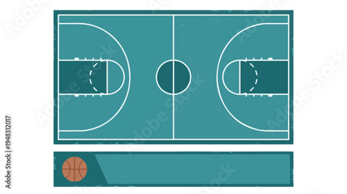 Top-down view of a basketball court layout with a separate ball icon
