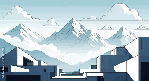 Geometric buildings in foreground with snow-capped mountains and clouds in background