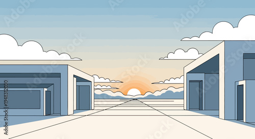 A minimalist landscape depicting geometric buildings framing a sunset horizon