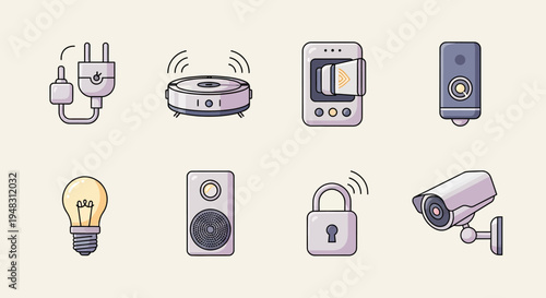 Set of smart home device icons plug, cleaner, speaker, camera, bulb, lock