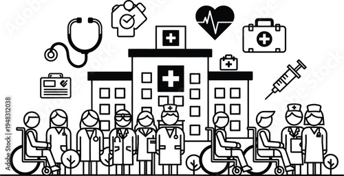 Medical staff and patients outside hospital building