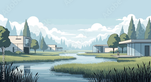 Modern minimalist homes overlook a serene, misty lake bordered by lush greenery