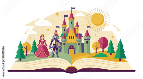 Fairytale storybook illustration with princess, knight, and castle landscape