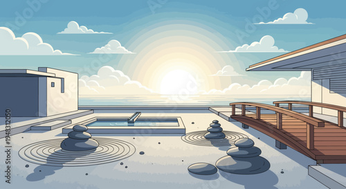 Modern zen garden overlooking ocean at sunrise