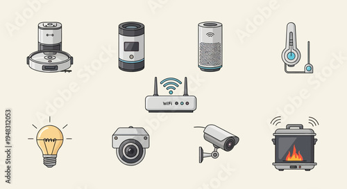 Smart home devices including a robot vacuum, smart speaker, thermostat, and cameras