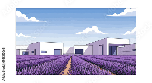 Geometric buildings overlook vast fields of blooming lavender under a bright blue sky