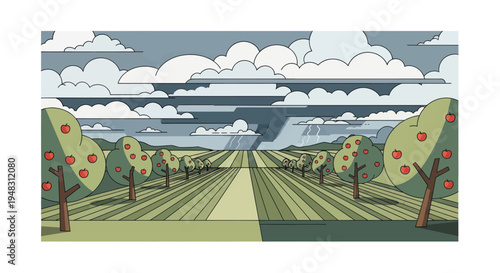 Apple orchard under stormy skies with rain and lightning