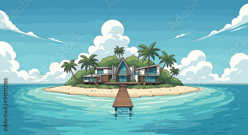 Tropical island with modern houses, palm trees, pier, and clear ocean water