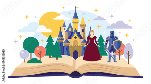 Fantasy storybook with fairytale castle, princess, knight, and magical landscape