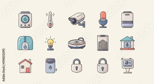 Diverse smart home device icons timer, thermometer, camera, lamp, and more