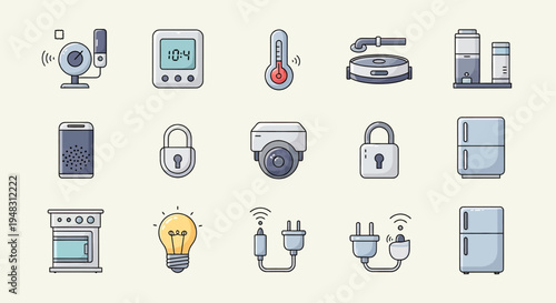 Icons of smart home devices, including security, appliances, and automation
