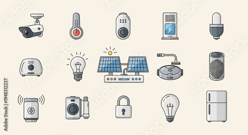 Collection of smart home devices and technology icons on a light background