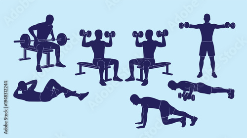 Set of men performing various strength and bodyweight exercises