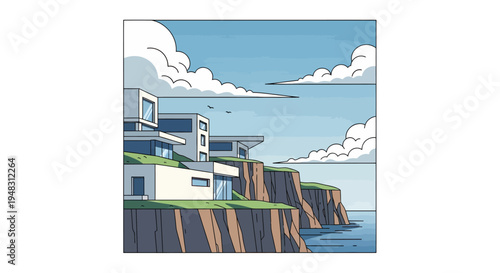 Modern houses perched on cliffs above the ocean under a cloudy sky