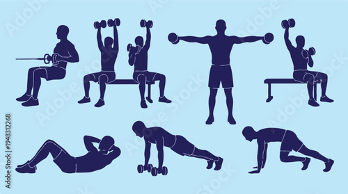 Silhouettes of people doing various fitness exercises with weights