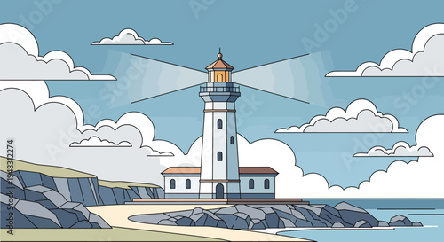 Tall lighthouse with shining beam stands on rocky shore by tranquil ocean