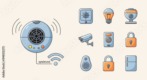 Icons depicting smart home devices including cameras, locks, a refrigerator, and a speaker
