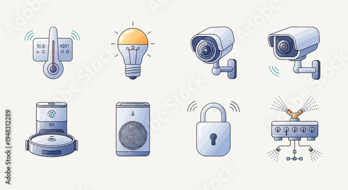 Collection of smart home devices including thermostat, lightbulb, security cameras, robot vacuum, speaker, lock, and sprinkler