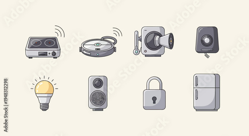 Array of smart home devices, including a stove, vacuum, camera, speaker, light, and fridge