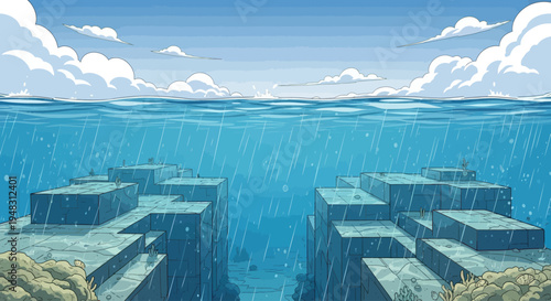 Underwater ruins bathed in rain, with clouds visible on the surface