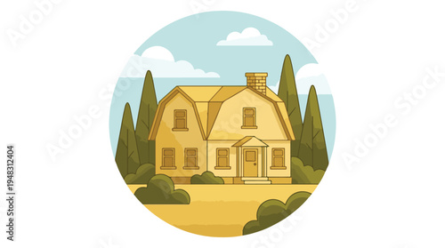 Charming suburban house with trees and clouds, minimalist illustration