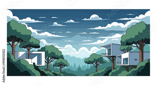 Modern homes nestled in lush forest beneath a cloudy sky