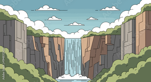 Majestic waterfall cascades down a cliff face into a pool, framed by rocks and greenery