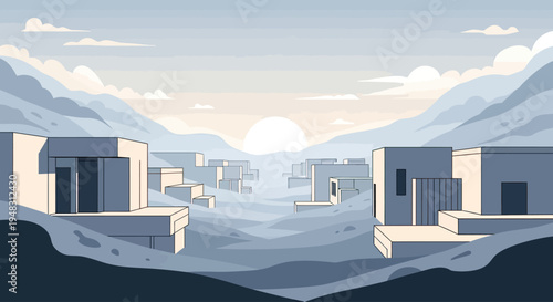 Stylized geometric buildings on rolling hills under a pale sky at sunrise