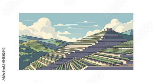 Geometric terraced landscape with a stepped pyramid structure under a cloudy sky