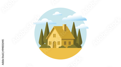 Minimalist house illustration with trees and clouds in a circular design