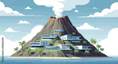 Modern villas on a volcanic island, surrounded by palm trees and ocean
