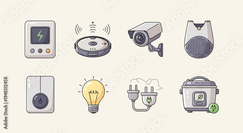 A collection of modern smart home devices and accessories, illustrated in a clean, colorful style