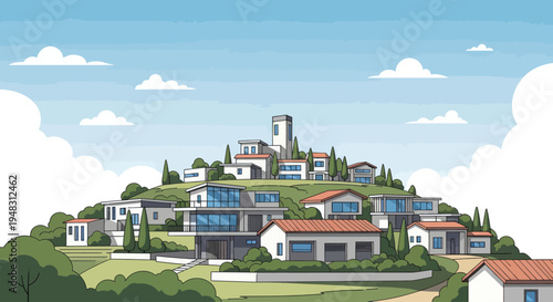 Modern homes nestled on a green hillside under a blue sky with clouds
