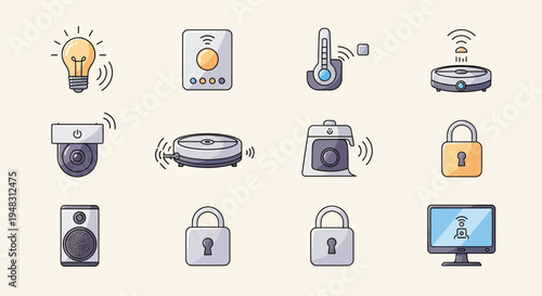 Collection of smart home device icons light bulb, thermostat, camera, robot, and locks
