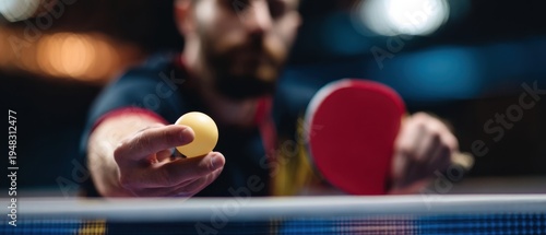 The Table Tennis Player Serving a Yellow Ball with Red Paddle in Action