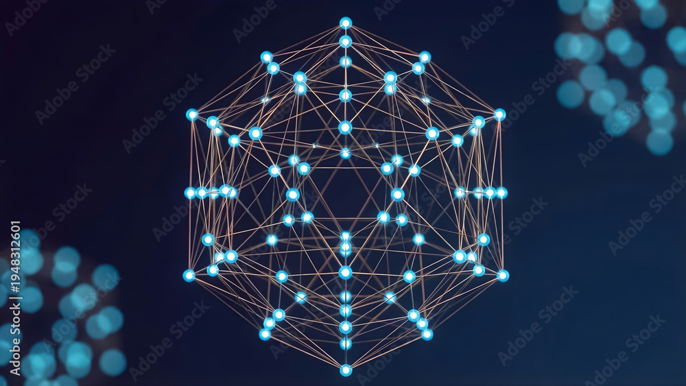 Fototapeta premium Abstract Geometric Molecular Structure 3D Network Connection With Glowing Blue Spheres On Dark Background