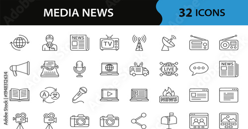 News media Web Icon Set in Line Style. Collection of Mass media icons. Including tv, radio, newspaper, magazine, news and more. Conceptual pictogram and infographic
