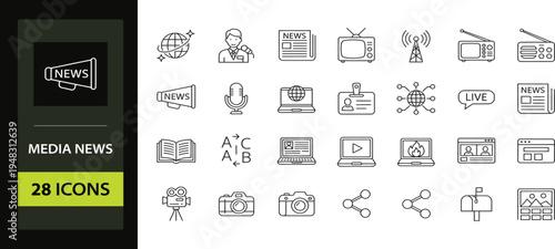 News media Web Icon Set in Line Style. Collection of Mass media icons. Including tv, radio, newspaper, magazine, news and more. Conceptual pictogram and infographic