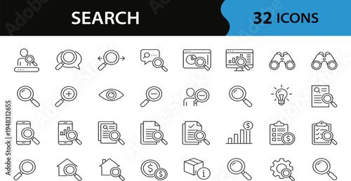 Search set of web icons in line style. Magnifying glass linear icon collection. Including SEO, Digital marketing, data analysis, management and more. Web icons for applications, websites