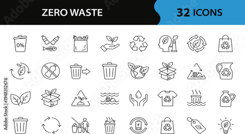 Zero Waste set of web icons in line style. A collection of eco linear icons. Including renewable energy, autonomous building, air and water and more. Linear style