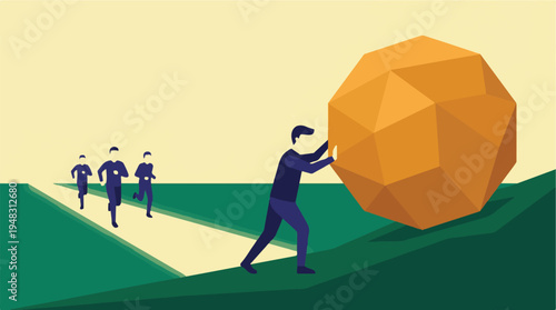 Business challenge: Man pushes boulder uphill, others run on easy path