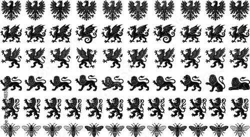Heraldic crest animals and eagle symbols collection vector set, vintage royal coat of arms medieval heraldry icons illustration