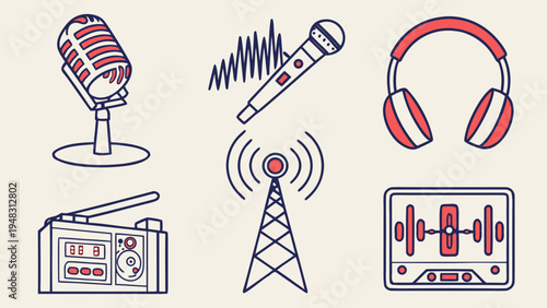 radio broadcasting and podcasting equipment icons Vector
